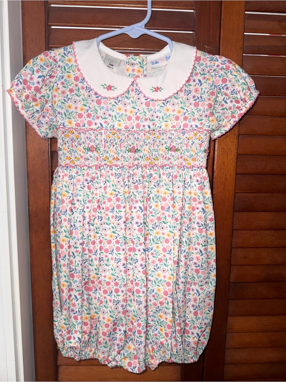 Lulu Bebe White Floral Smocked Bubble with Pink Trim